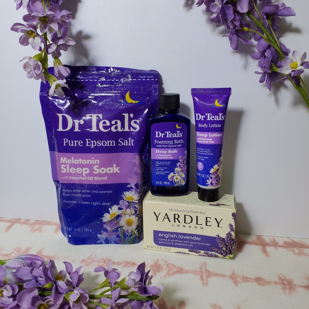 Dr Teals Sleep Soak Lavender Melatonin Skincare Lotion Yardley Bath Bar 4pc Set